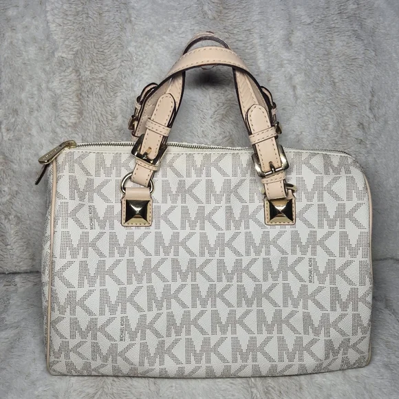 Michael Kors White and Tan Signature Satchel Purse Perfect For Everyday Styling - Picture 1 of 12